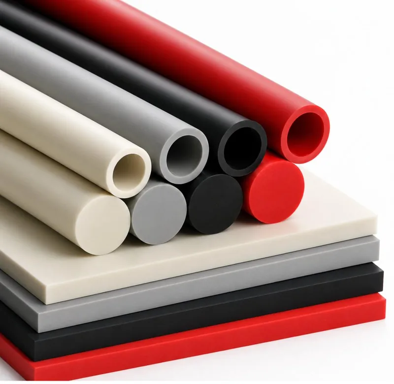 Lavorazione CNC PVC — semilavorati avorio, grigio, nero e rosso